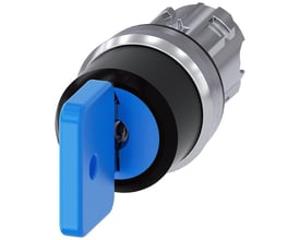 Siemens nøgleafbryder O.M.R. 22mm med blå nøgle og blank metalring, set fra siden.