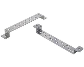 Schneider Electric afstandsbeslag VS 400mm i elforsinket stål, viser to beslag med dobbelte aflange huller på hvid baggrund.