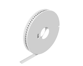 Hvidt klemmemærke fra Weidmüller, 12 × 6,5 mm, vist som en strimmel rullet op på en spole.
