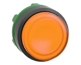 Schneider Electric ZB5 LED lampetrykhoved i orange med sort kunststof frontring og grøn bagmontering, vist på hvid baggrund.