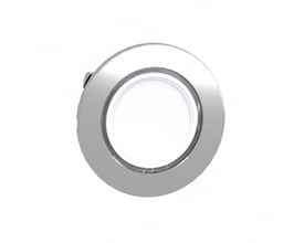 Schneider Electric Harmony XB4/ZB4 flush trykknap vist forfra med hvid LED-lysring og blank metalramme, ideel til 30mm monteringshul.