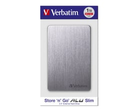 Verbatim Store 'n' Go ALU slim ekstern harddisk i space grey med 1TB lagerkapacitet og USB 3.2 Gen 1 forbindelse.