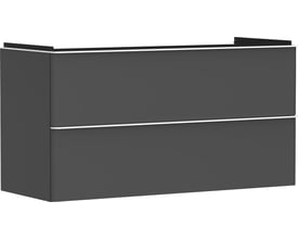 Frontvisning af Hansgrohe Xelu Q vaskeskab i mat diamantgrå med to skuffer og en slank, horisontal aluminiumsgreb.