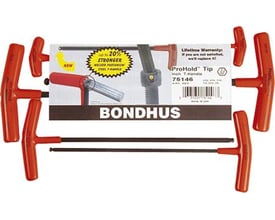 Bondhus ProHold T-håndtag sekskantnøglesæt i størrelserne 2-10 mm med fire nøgler vist. Emballagen fremhæver 20% styrke og kuglehoved.