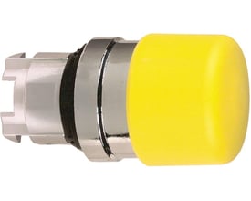 Schneider Electric Harmony Style 4 paddetryk i gul med 30 mm diameter og fjeder-retur funktion, vist fra siden på hvid baggrund.