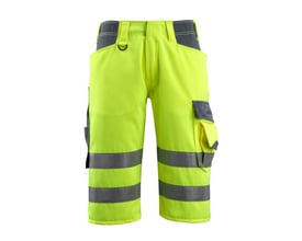 Mascot Luton hi-vis shorts i gul med grå detaljer og reflekser, str. C56, vist forfra på hvid baggrund.