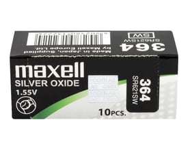 Maxell Silver Oxide SR621SW (364) batteri 1,55V i 10-pak emballage med tydelig mærkning af type og antal.