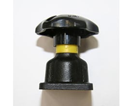 Saunders overdel type A, DN15/½" i sort plast og støbejern med gult bånd og firkantet flance.