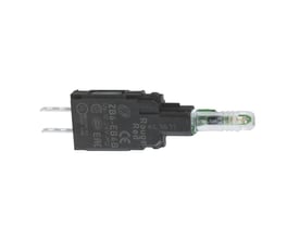 Schneider Electric lampehus Ø16mm med integreret gul LED og 230V drift, vist på hvid baggrund.