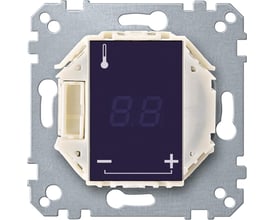 Lauritz Knudsen Merten termostat indsats med touchdisplay, viser temperatur og kontrolikoner, monteret på metalkrog.