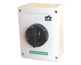 Katko 3-polet reparationsafbryder på 63A, grå/sort med drejeknap og 'SIKKERHEDSAFBRYDER' mærkat, vist fra siden.