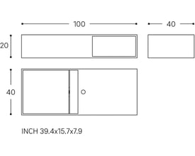 Teknisk tegning af Cosmic firkantet håndvask/opbevaring i hvid mat mineral komposit, med dimensioner i mm og inch.