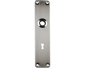 Langskilt fra Assa Abloy, Ruko rs Danz. 311-8, med aflang sølvfarvet plade, skruehuller samt åbninger til greb og nøgle.