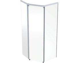 Ifö Showerama femkantet frontelement i hvid/klar alu med målene 900 x 800 mm, vist på hvid baggrund.