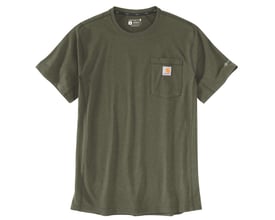 Carhartt Force G73 lomme-t-shirt i størrelse M, set forfra i olivengrøn med korte ærmer og brystlomme.