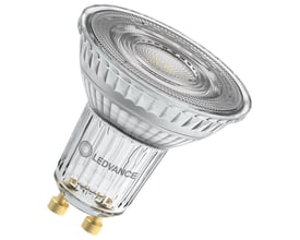 Detaljebillede af en Osram LED PAR16 pære med klar glasoverflade og detaljeret linse design.