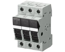 Siemens SENTRON sikringsholder, 3-polet, 30A og 600V, i klasse CC. Fremstillet af grå og sort plast med hvide mærkater.