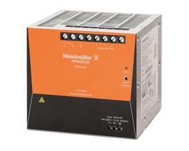 Weidmüller PROmax strømforsyning, 960W, 48VDC, 20A, med orange front og detaljeret mærkning af indgange og udgange.