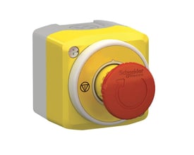 Schneider Electric nødstopbox Ø40 med LED-skilt, grå og gul kappe med rød trykknap, 1NC+NO, 24V.