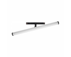 SpectrumLED SHIFT Beam skinnelys på 12 W med lang, hvid lysflade og sort skinnemontering, set skråt forfra.