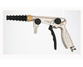 FLAIR 26/LR vaskepistol til luft og vand, fremstillet af forniklet aluminium med sorte greb og justeringsknapper.