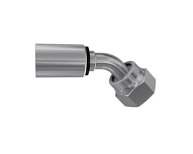 Parker 1J748-12-8 ORFS-påpresningsfitting i kromatiseret stål, set skråt med buet rør, omløber og sekskantet møtrik.