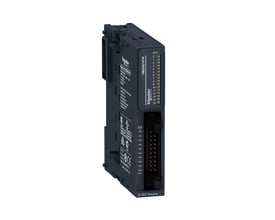Nærbillede af Schneider Electric Modicon TM3 DO16TK modulkort, viser HE10 stikket og de 16 nummererede udgange.