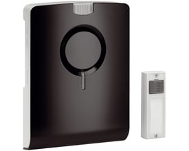 Grothe trådløs ringeklokke Echo i sort med hvid trykknap, vist på hvid baggrund.