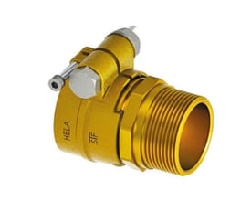 Kobling PN6 i afzinkningsbestandig messing med udvendigt gevind, ideel til samling af medierør i fjernvarmeanlæg.