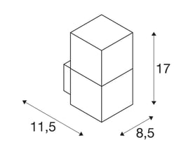 Skitse af SLV GRAFIT 90 væglampe med angivelse af dimensioner: højde 17 cm, bredde 8,5 cm og dybde 11,5 cm.