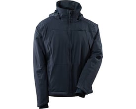 Mascot vinterjakke i mørk marineblå, 4XL, med høj krave og aftagelig hætte, fremstillet i slidstærkt fire-vejs strækstof.