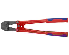 Knipex 460 mm boltsaks med røde håndtag og blå endestykker, vist forfra mod hvid baggrund.