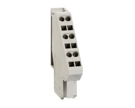 Grå styreklemme 3-led NT/NW fra Schneider Electric, vist fra siden med en hvid baggrund og tydelige tilslutningshuller.