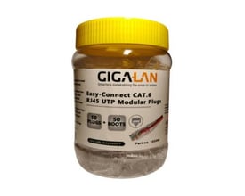 GIGA-LAN RJ45 UTP Modular Plugs Kat.6, Easy-Connect, 50 stk i klar beholder med gul låg på hvid baggrund.
