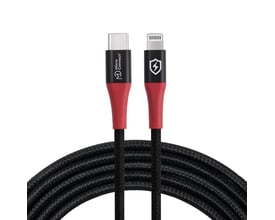 MicroConnect Safe Charge USB-C til Lightning data blocker-kabel på 1,5 meter med sort flettet ledning og røde stikender.