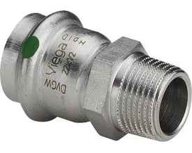Viega G1 Sanpress Inox overgangsstykke med 22 mm presmuffe og ½" R-gevind nippel i rustfrit stål, med grøn SC-Contur indikator.