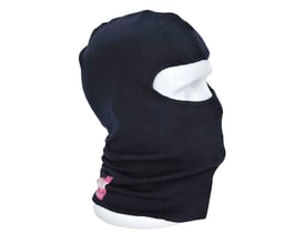 Mørkeblå Antiflam FR18 balaclava med flammehæmmende materiale monteret på hvid mannequin, viser ansigtsåbning og krage.