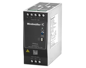 Weidmüller PRO BAS 480W 24V 20A strømforsyning, set fra siden, med tydelig mærkning af specifikationer og IP67-klasse på et hvidt baggrund.