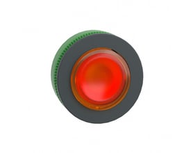 Nærbillede af Schneider Electric flush trykknap med orange lys, der lyser op i et mørkt gråt hus med en grøn ring.