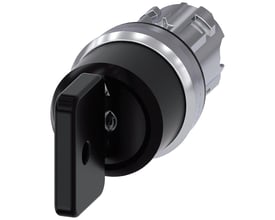 Siemens nøgleafbryder O.M.R. med 22mm diameter, udført i skinnende sort metal med en medfølgende nøgle.