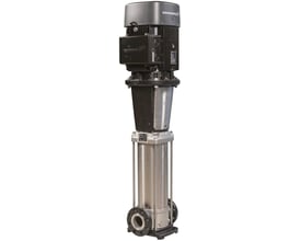 Grundfos CRN 32-8 A-F-G-E-HQQE centrifugalpumpe med rustfrit stål konstruktion og sort motor, vist med flangeforbindelser.