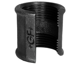 Sort Georg Fischer muffe med 1/4" gevind, vist i tværsnit der fremhæver de indvendige gevind og den sorte finish.