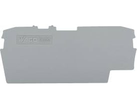 Wago ende- og mellemplade i grå med 1 mm tykkelse, vist isoleret på hvid baggrund med Wago logo tydeligt trykt.