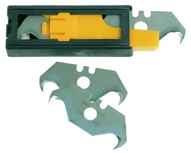 Ironside knivblade med krog på 50 mm ses løse og i en gul og sort dispenser.