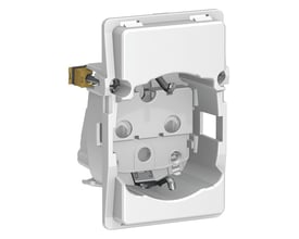 LK FUGA stikkontakt med side-jord (Schuko), 1½ modul, i hvid plast med synlige monteringsdetaljer og klemmer.
