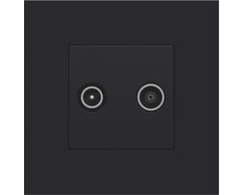 Niko afdækning til TV/FM udtag i sort med tydelige TV og FM mærker, viser de to runde stik på en mat sort overflade.