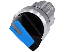 Siemens Sirius Act omskifter med blå betjeningsknap, rund metalskinnende ramme og 22mm diameter.