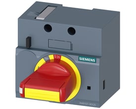 Siemens frontmonteret nødstop-drejegreb til 3VA-afbrydere, vist monteret på en grå afbryder med rødt og gult greb.