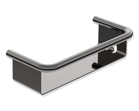HEWI kurv i Serie 480 med åben, rektangulær form og blank sortkromfinish, set skråt forfra.