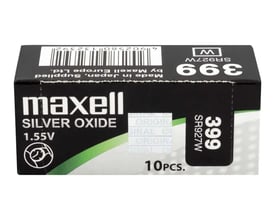 Emballage til maxell silver-oxid-batteri SR927W (399), 1,55 V, set forfra med sort og grøn grafik.